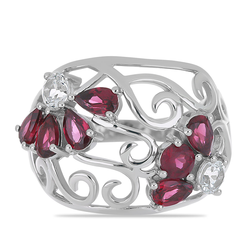 Silberring mit Rhodolith aus Moatize und weißem Topas 1 