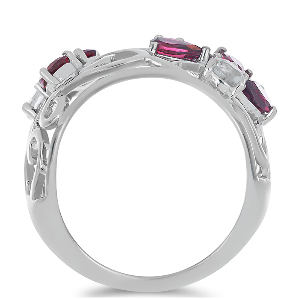 Silberring mit Rhodolith aus Moatize und weißem Topas