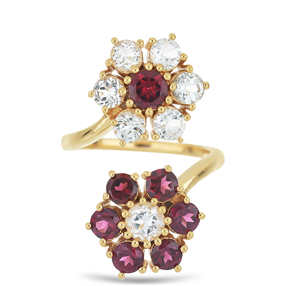 Goldplattierter Silberring mit Rhodolith aus Moatize und weißem Topas 1 