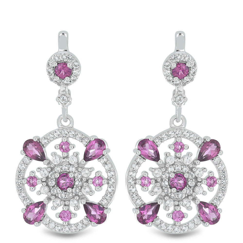 Silberohrringe mit Rhodolith aus Moatize und weißem Topas