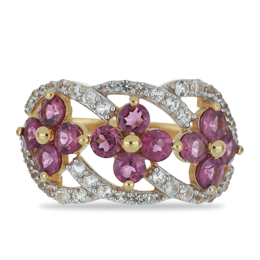 Goldplattierter Silberring mit Rhodolith aus Moatize und weißem Topas