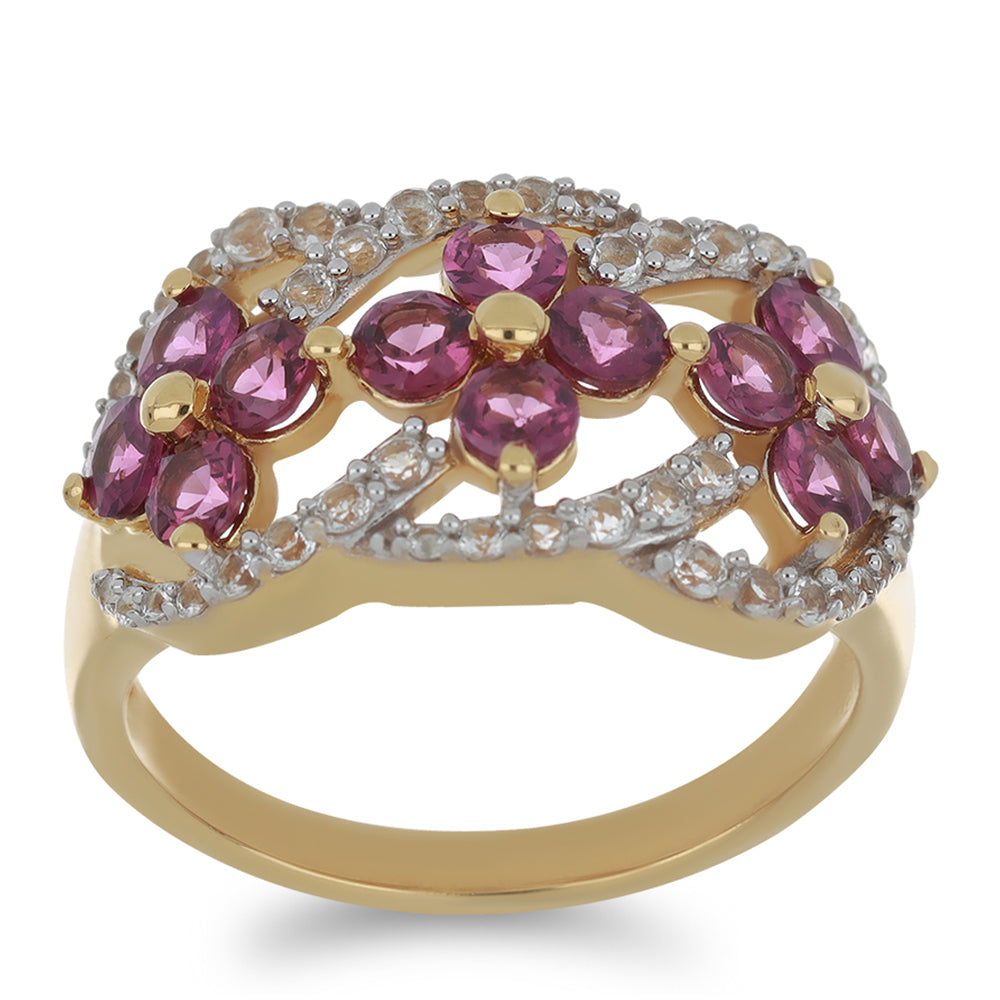 Goldplattierter Silberring mit Rhodolith aus Moatize und weißem Topas 3 