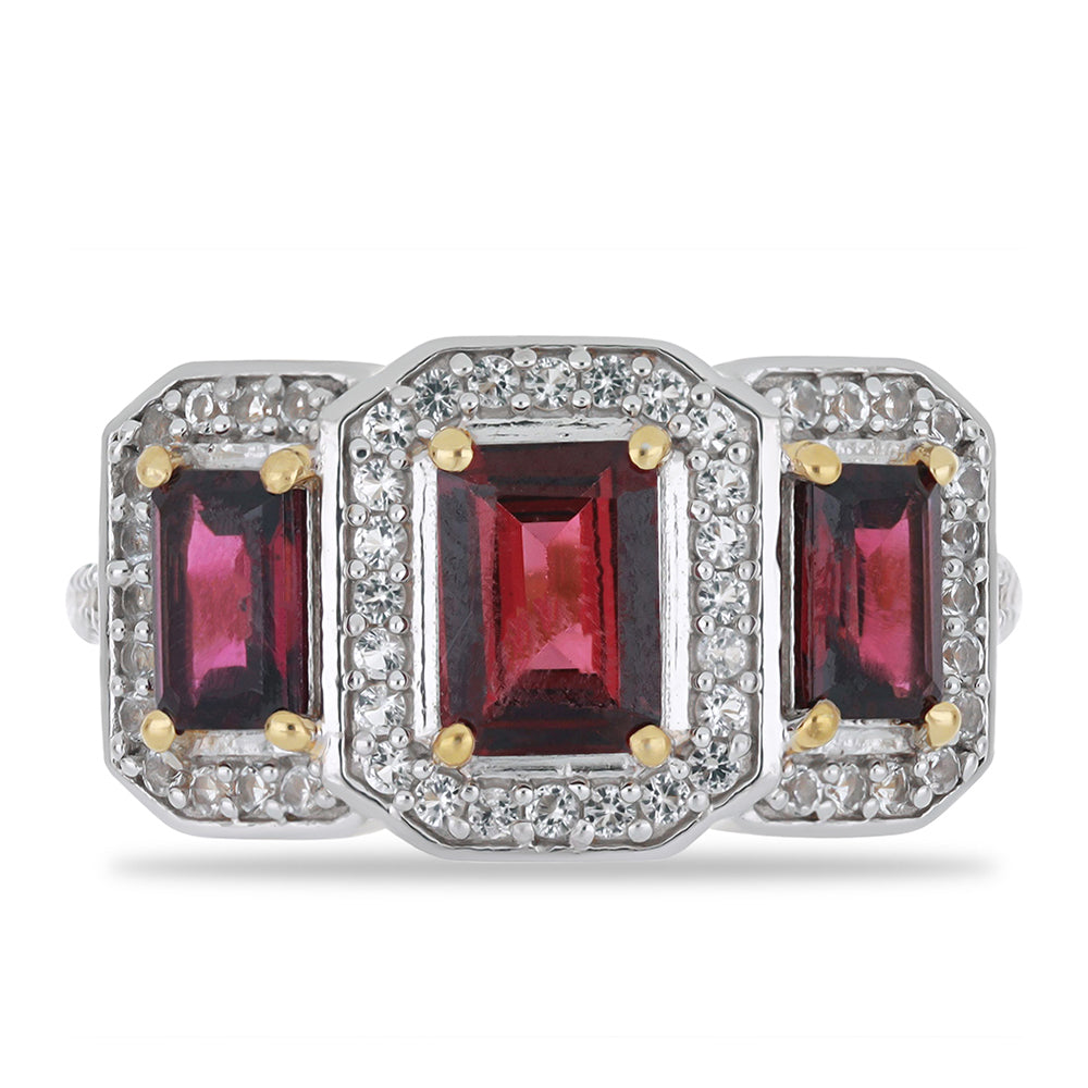 Goldplattierter Silberring mit Rhodolith aus Moatize und weißem Topas