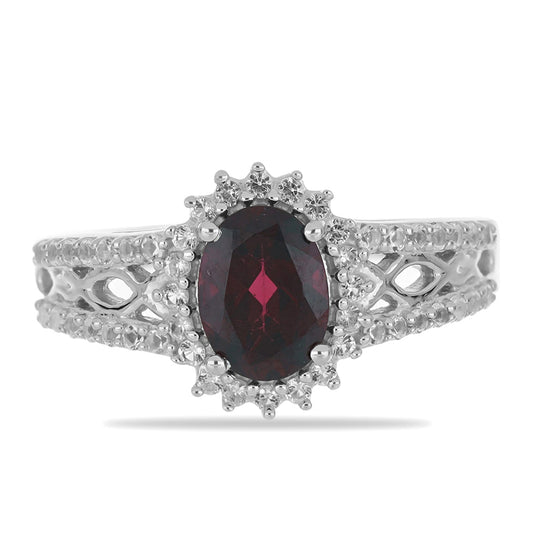 Silberring mit Rhodolith aus Moatize und weißem Topas