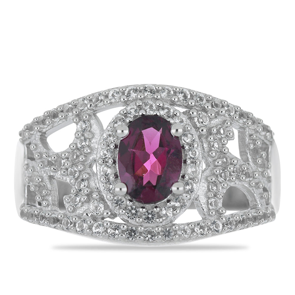 Silberring mit Rhodolith aus Moatize und weißem Topas 1 