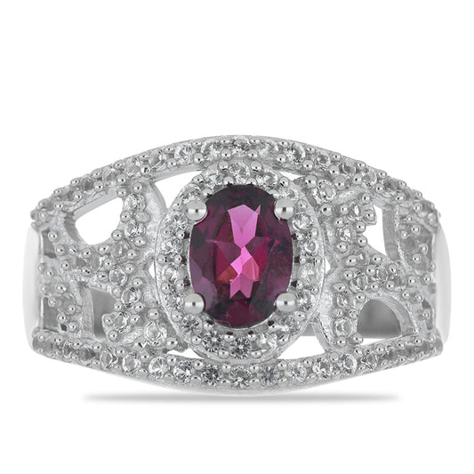 Silberring mit Rhodolith aus Moatize und weißem Topas