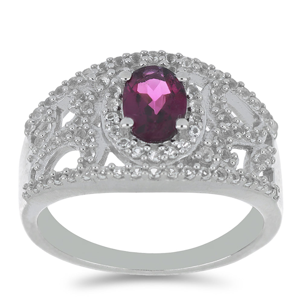 Silberring mit Rhodolith aus Moatize und weißem Topas