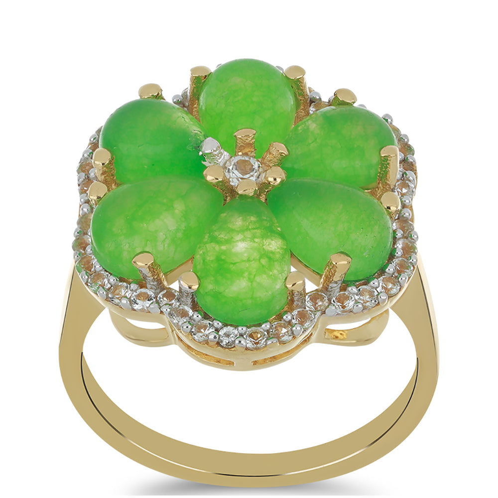 Goldplattierter Silberring mit grünem Jadeit und weißem Topas