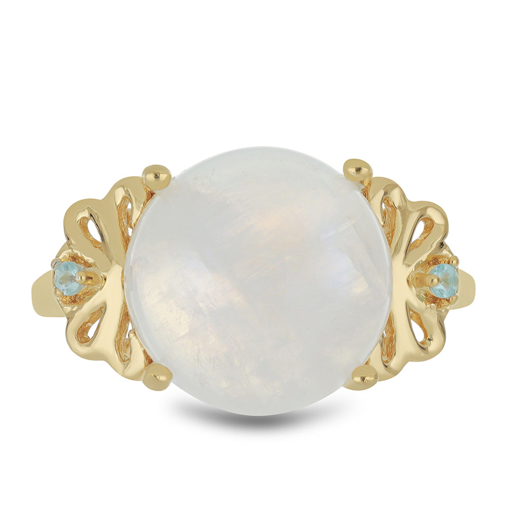 Goldplattierter Silberring mit Regenbogenmondstein und himmelblauem Apatit aus Sljudjanka 1 