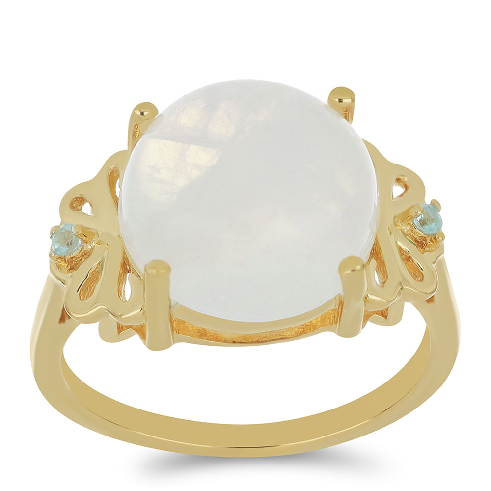 Goldplattierter Silberring mit Regenbogenmondstein und himmelblauem Apatit aus Sljudjanka