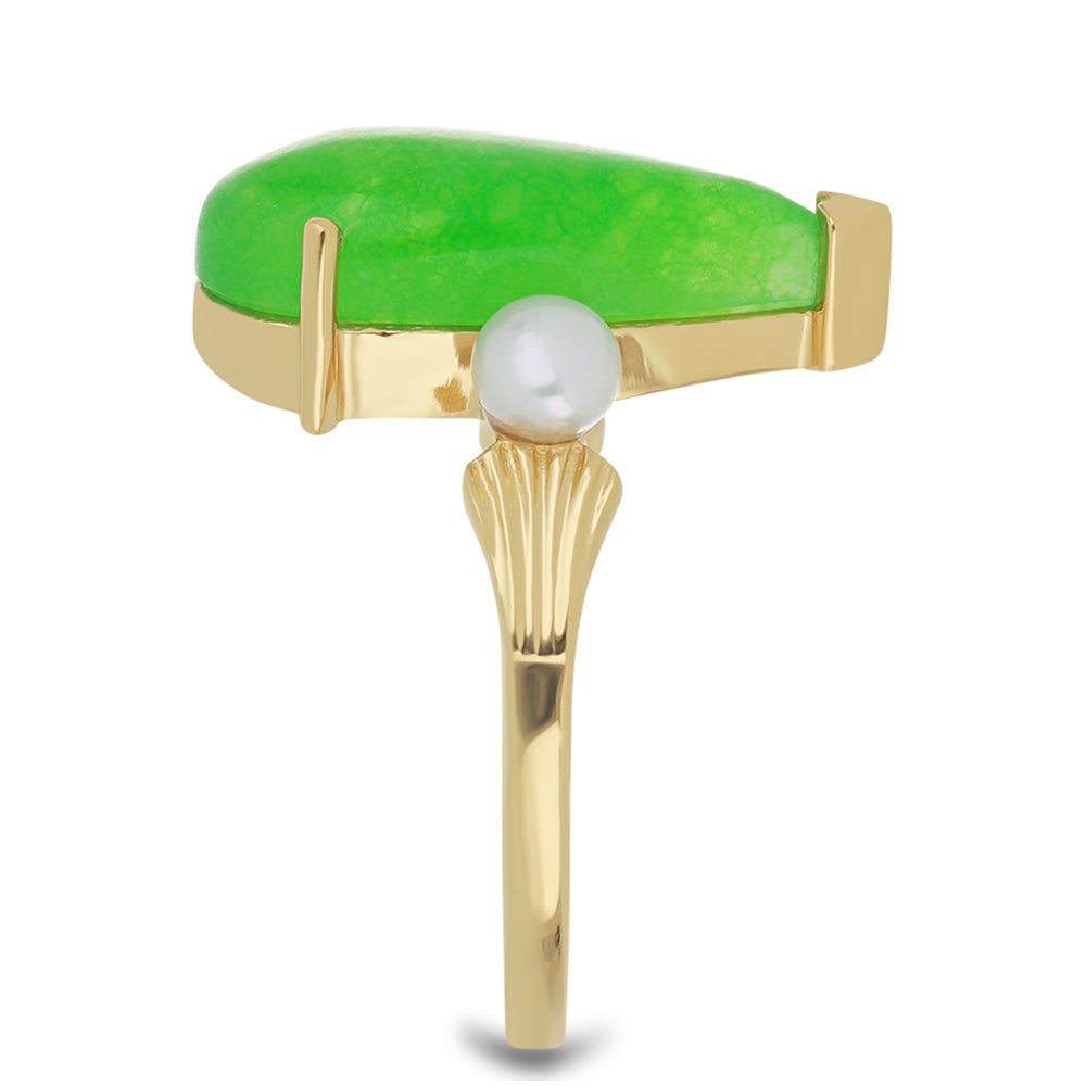Goldplattierter Silberring mit grünem Jadeit und weißer Süßwasserperle