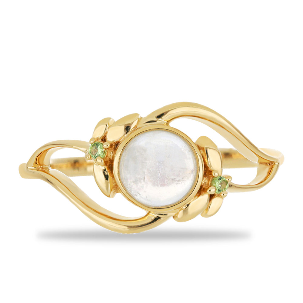 Goldplattierter Silberring mit Regenbogenmondstein und Peridot aus Changbai