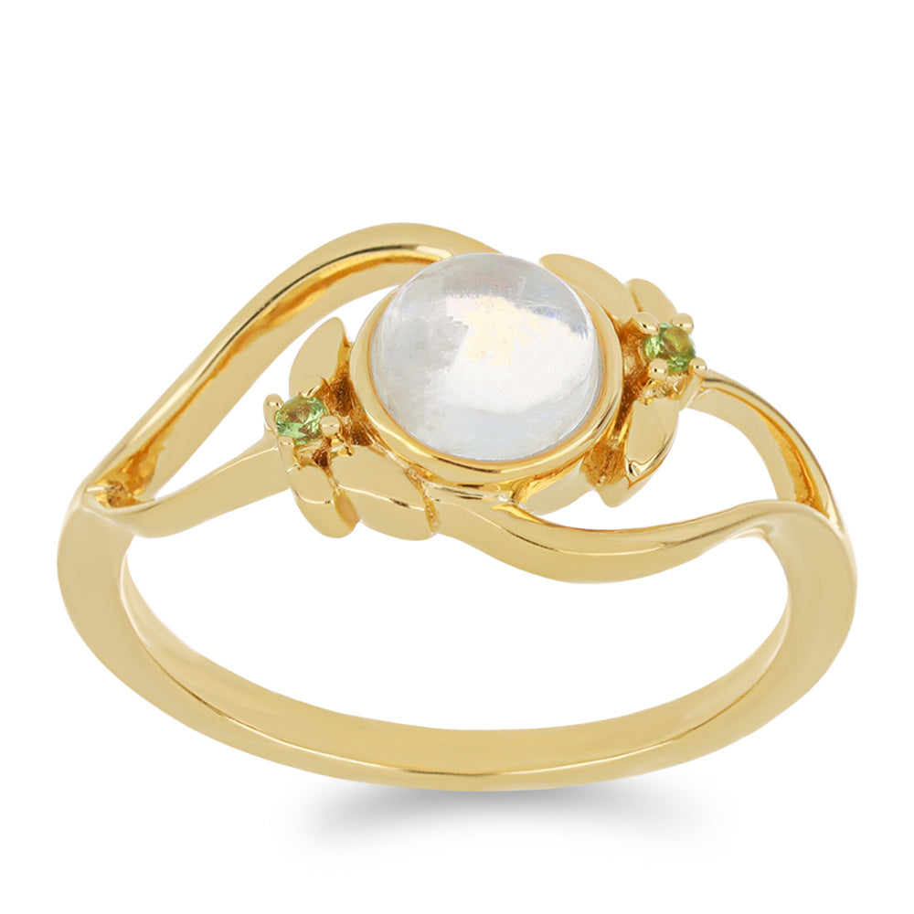 Goldplattierter Silberring mit Regenbogenmondstein und Peridot aus Changbai 3 