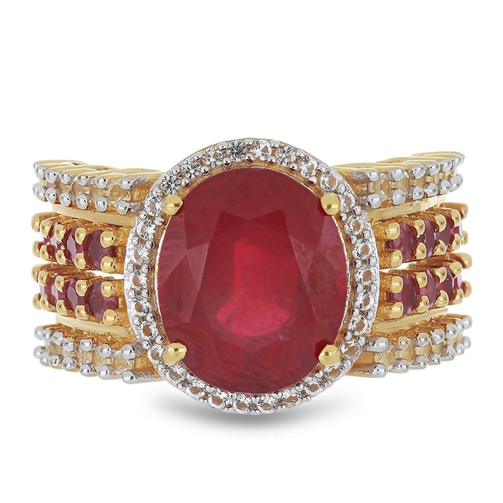 Goldplattierter Silberring mit Rubin aus Madagaskar und weißem Topas 1 