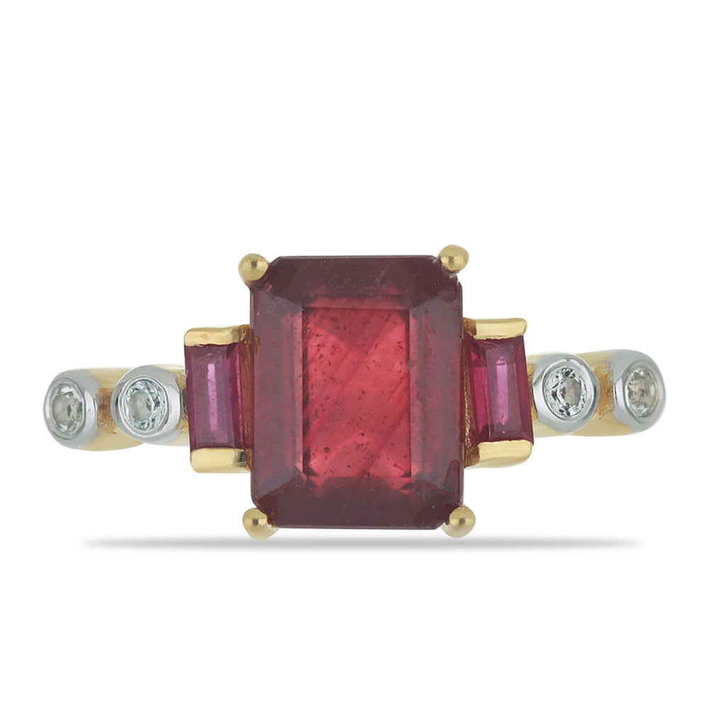 Goldplattierter Silberring mit Rubin aus Madagaskar und weißem Topas 1 