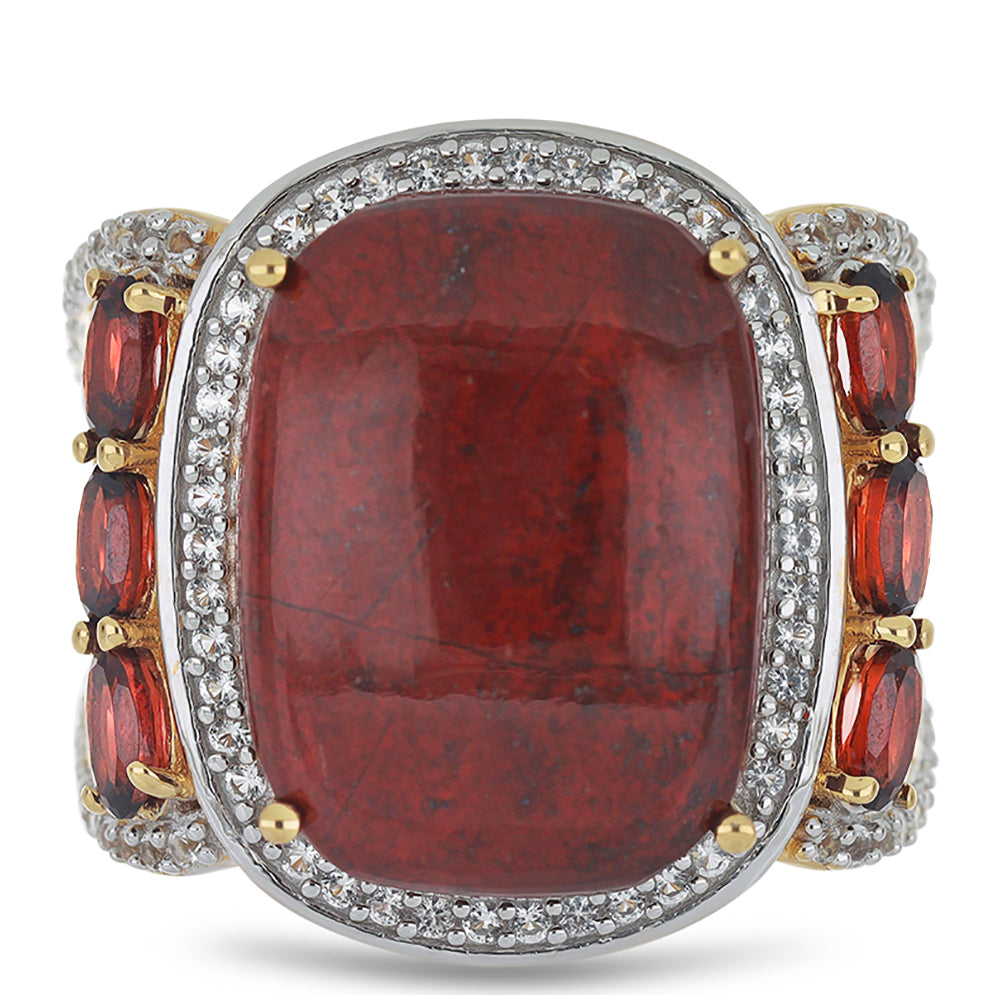 Goldplattierter Silberring mit rotem Jaspis und Barton Granat 5 