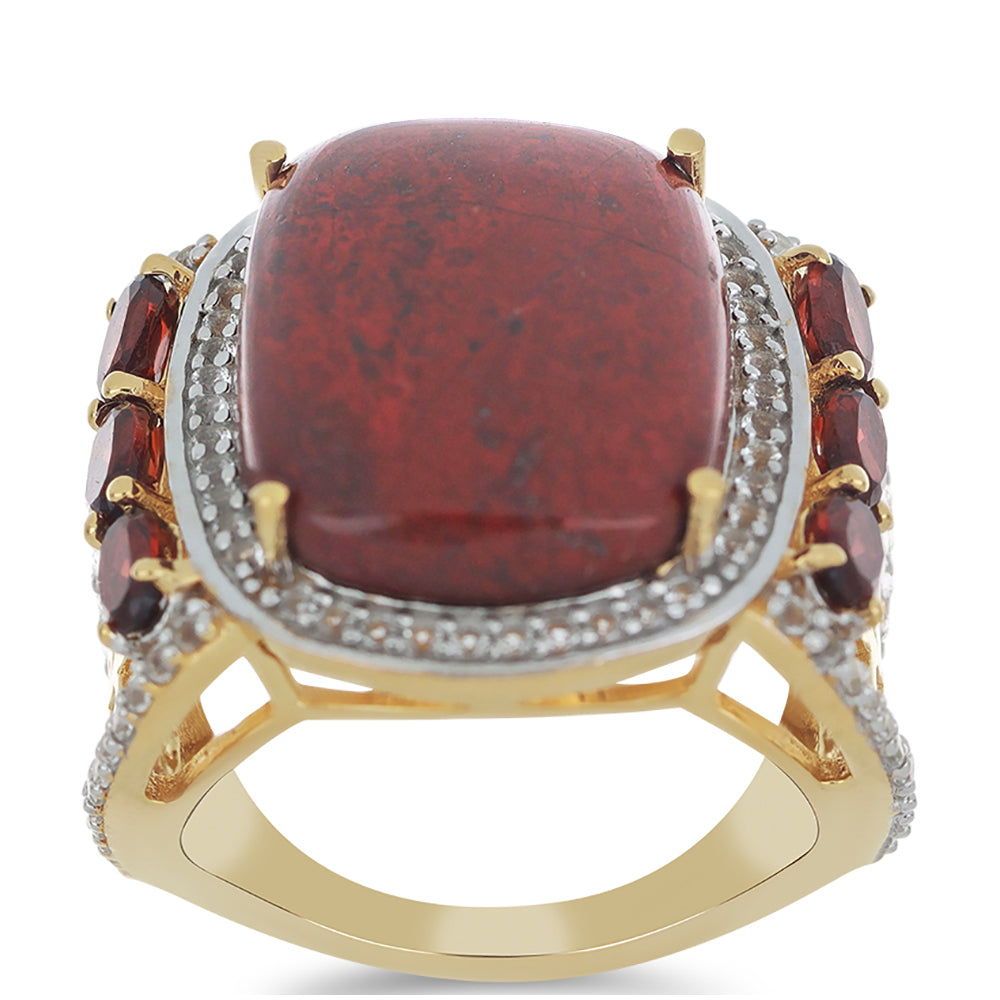 Goldplattierter Silberring mit rotem Jaspis und Barton Granat 7 