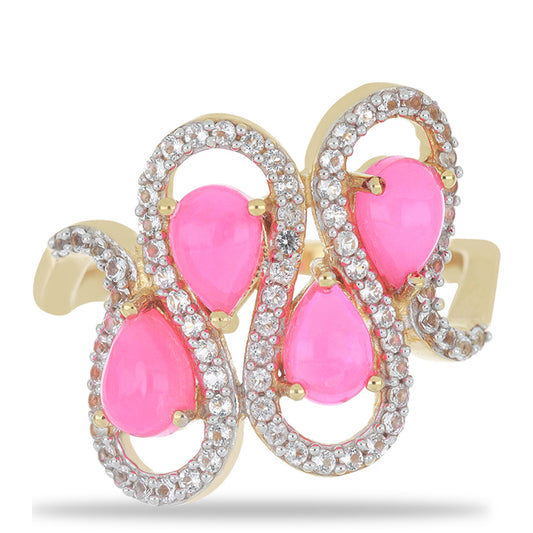 Goldplattierter Silberring mit rosa Opal aus Lega Dembi und weißem Topas