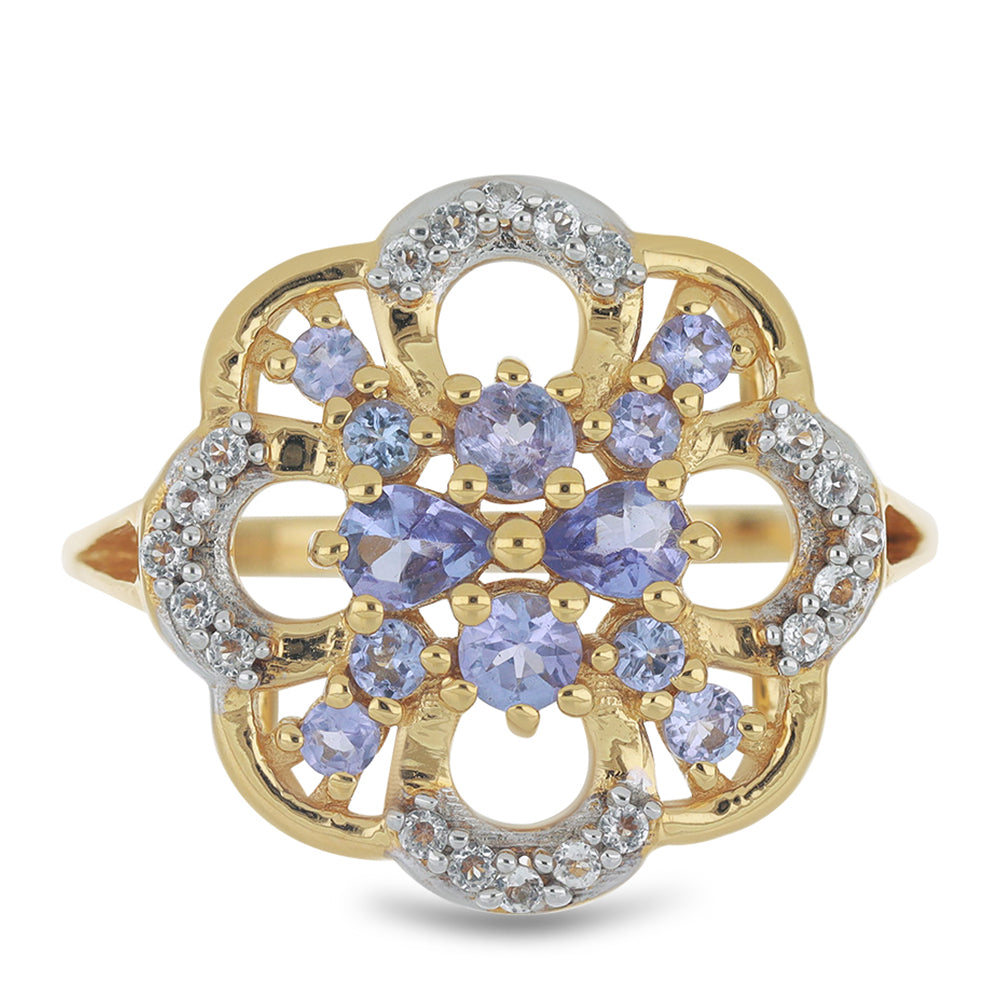 Goldplattierter Silberring mit Tansanit - Klasse AA und weißem Topas