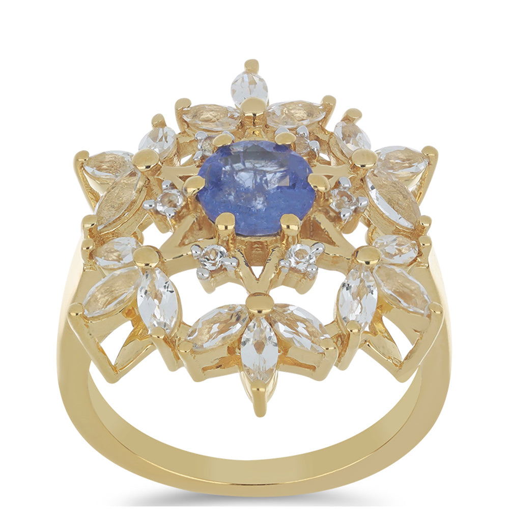 Goldplattierter Silberring mit Tansanit - Klasse AA und weißem Topas 3 