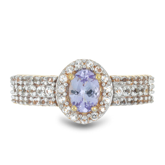 Goldplattierter Silberring mit Tansanit - Klasse AA und weißem Topas