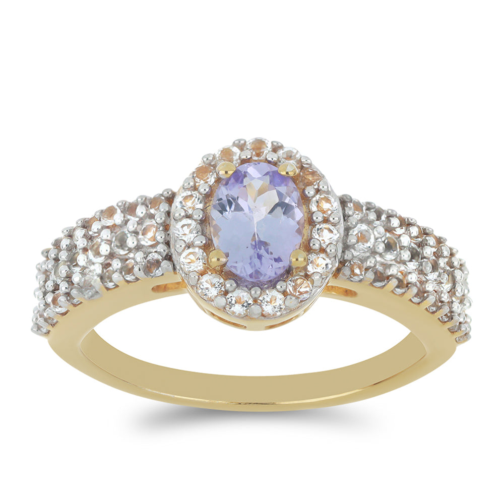 Goldplattierter Silberring mit Tansanit - Klasse AA und weißem Topas 3 