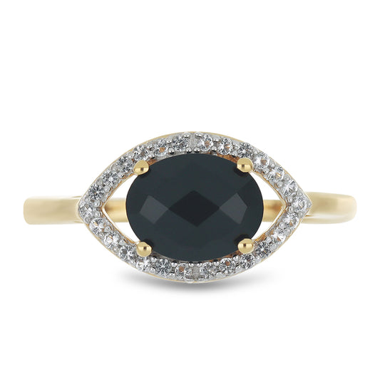 Goldplattierter Silberring mit schwarzem Onyx und weißem Topas