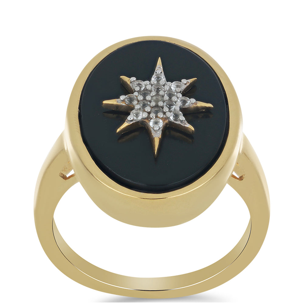 Goldplattierter Silberring mit schwarzem Onyx und weißem Topas