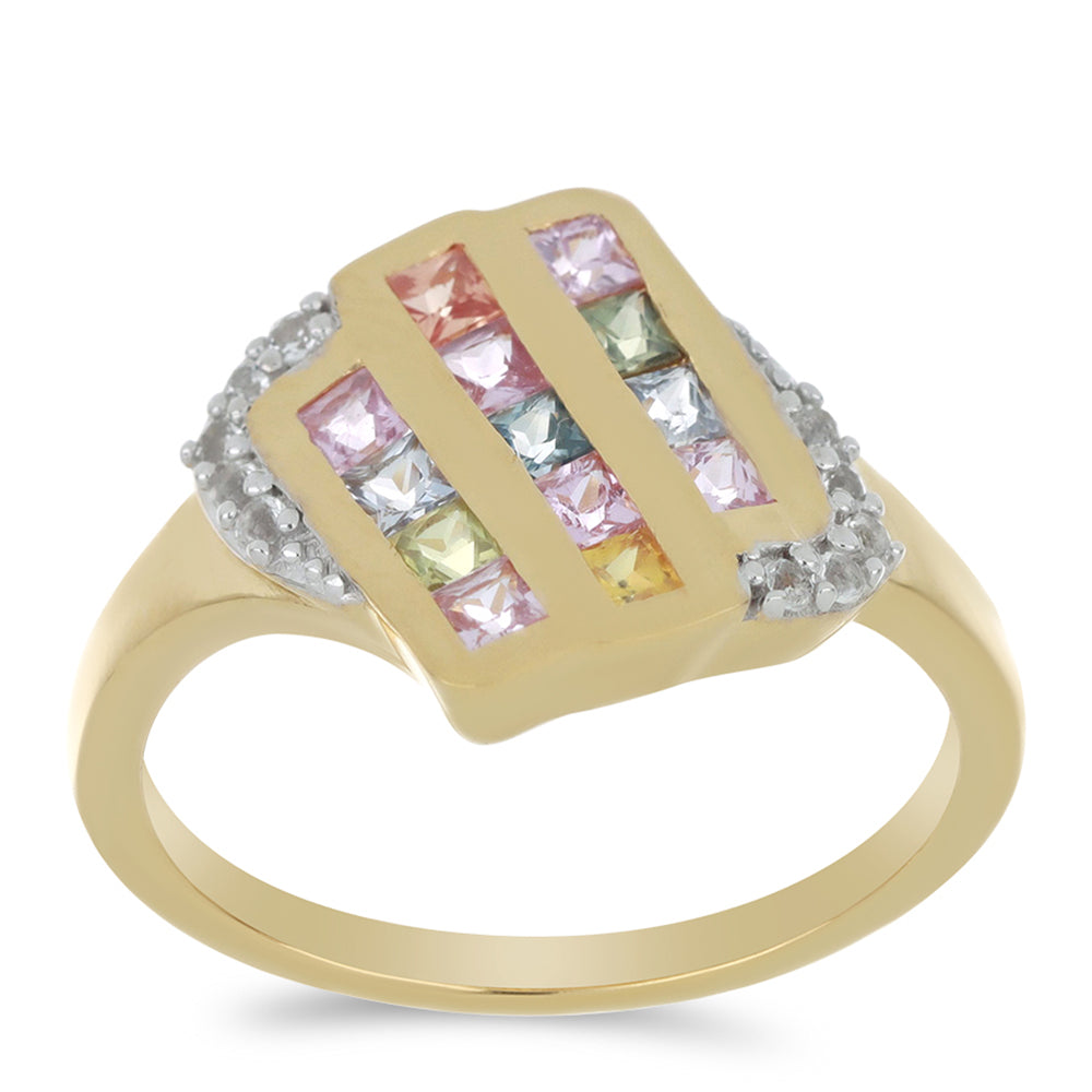 Goldplattierter Silberring mit Regenbogensaphir und weißem Topas