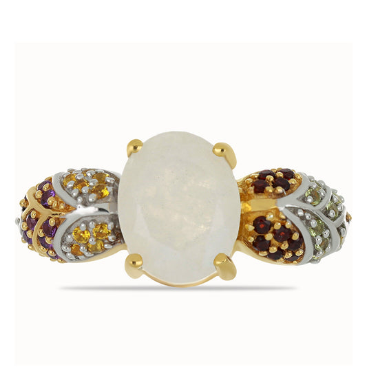 Goldplattierter Silberring mit Regenbogenmondstein und Barton Granat