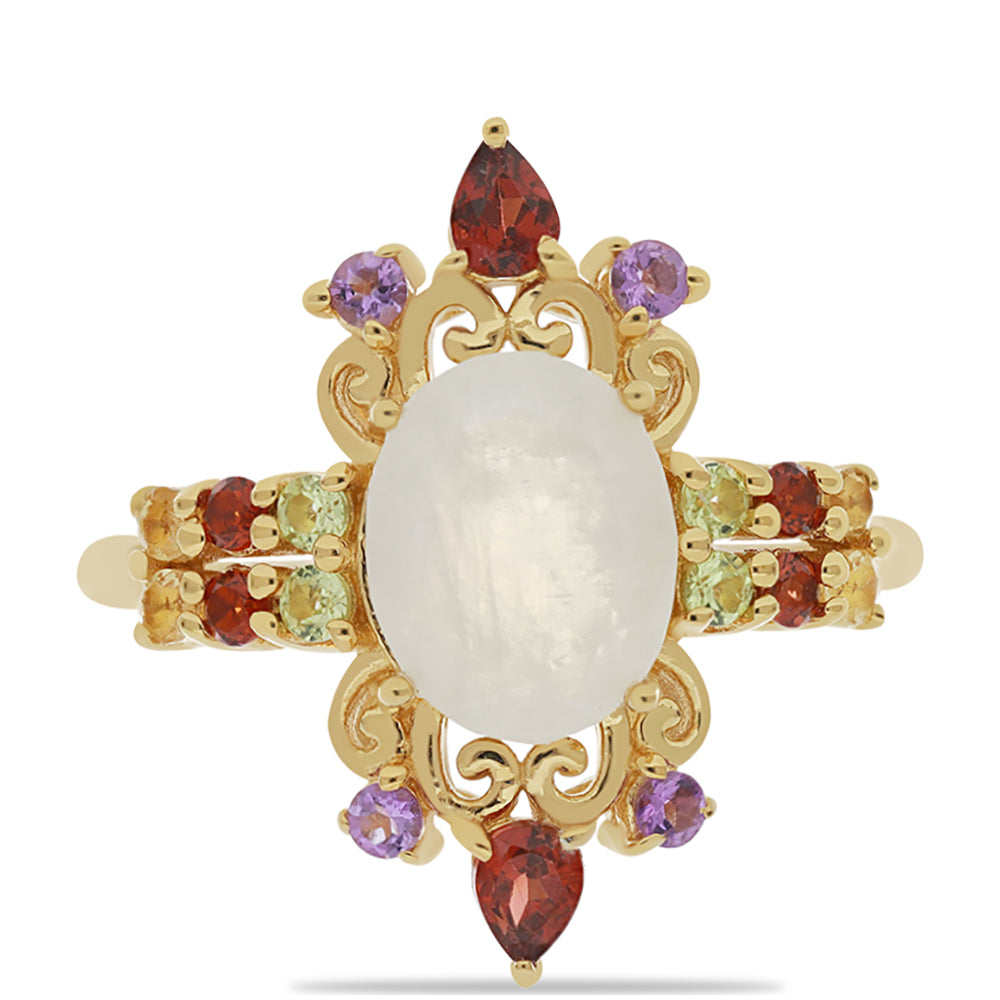 Goldplattierter Silberring mit Regenbogenmondstein und Barton Granat