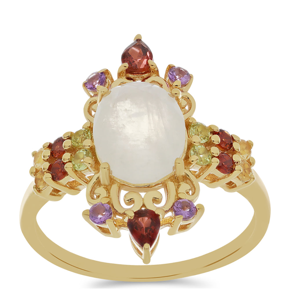 Goldplattierter Silberring mit Regenbogenmondstein und Barton Granat 3 