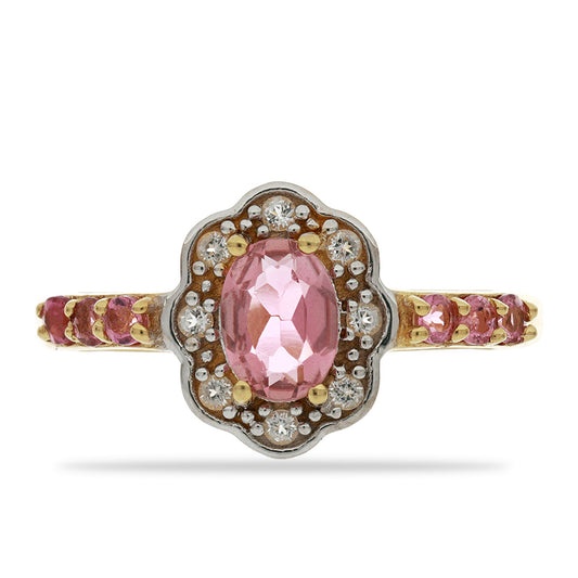 Goldplattierter Silberring mit rosafarbenem Turmalin aus Pelmadulla und weißem Topas