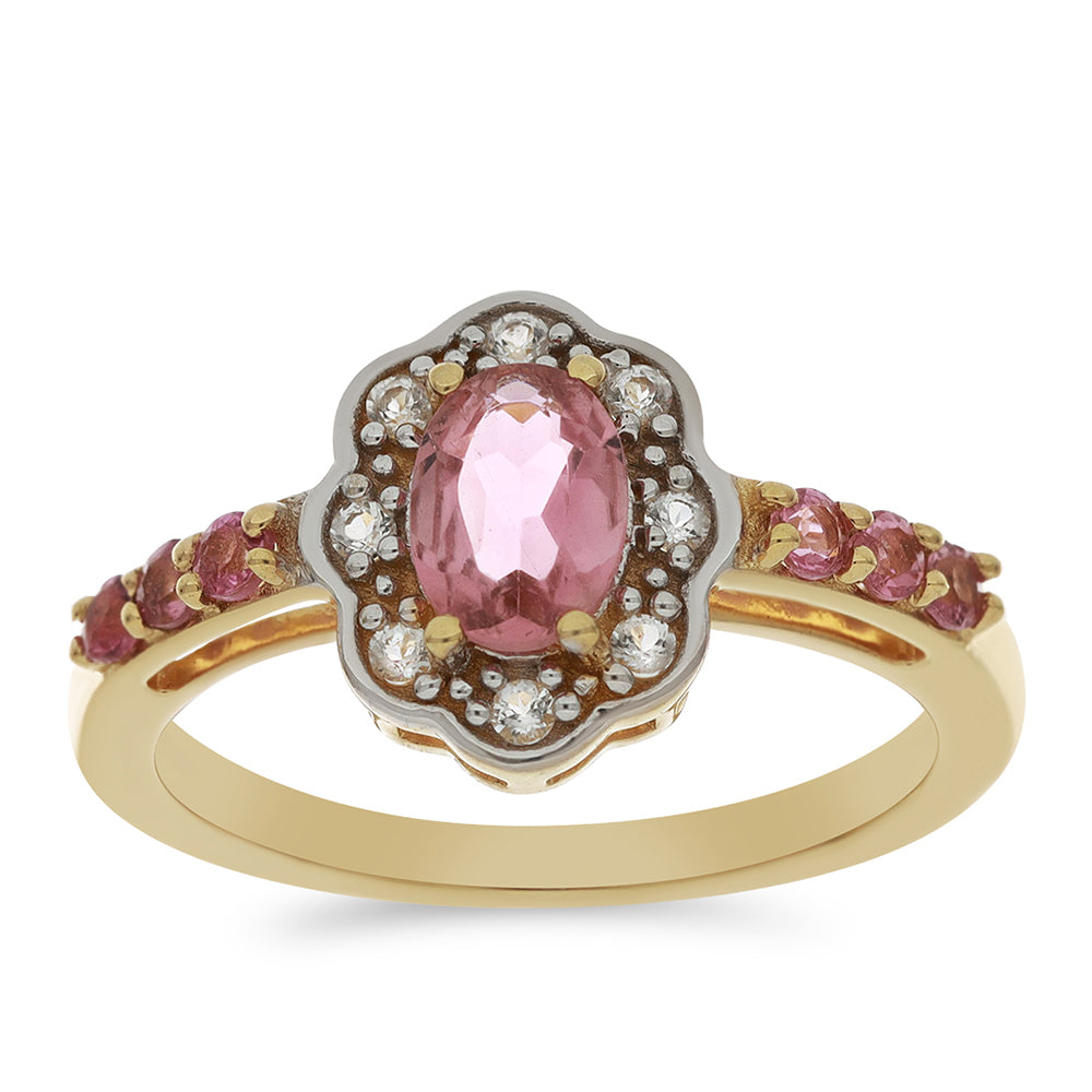 Goldplattierter Silberring mit rosafarbenem Turmalin aus Pelmadulla und weißem Topas