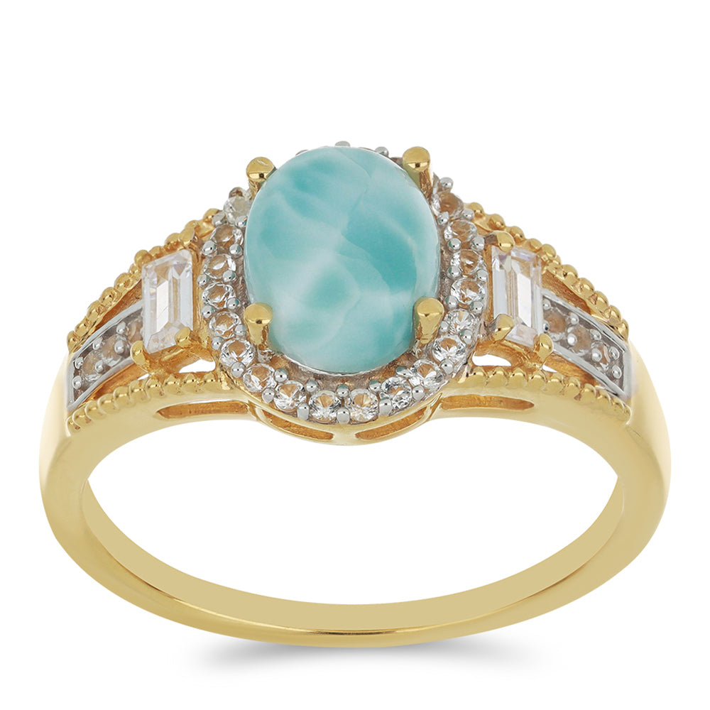 Goldplattierter Silberring mit Larimar und weißem Zirkon