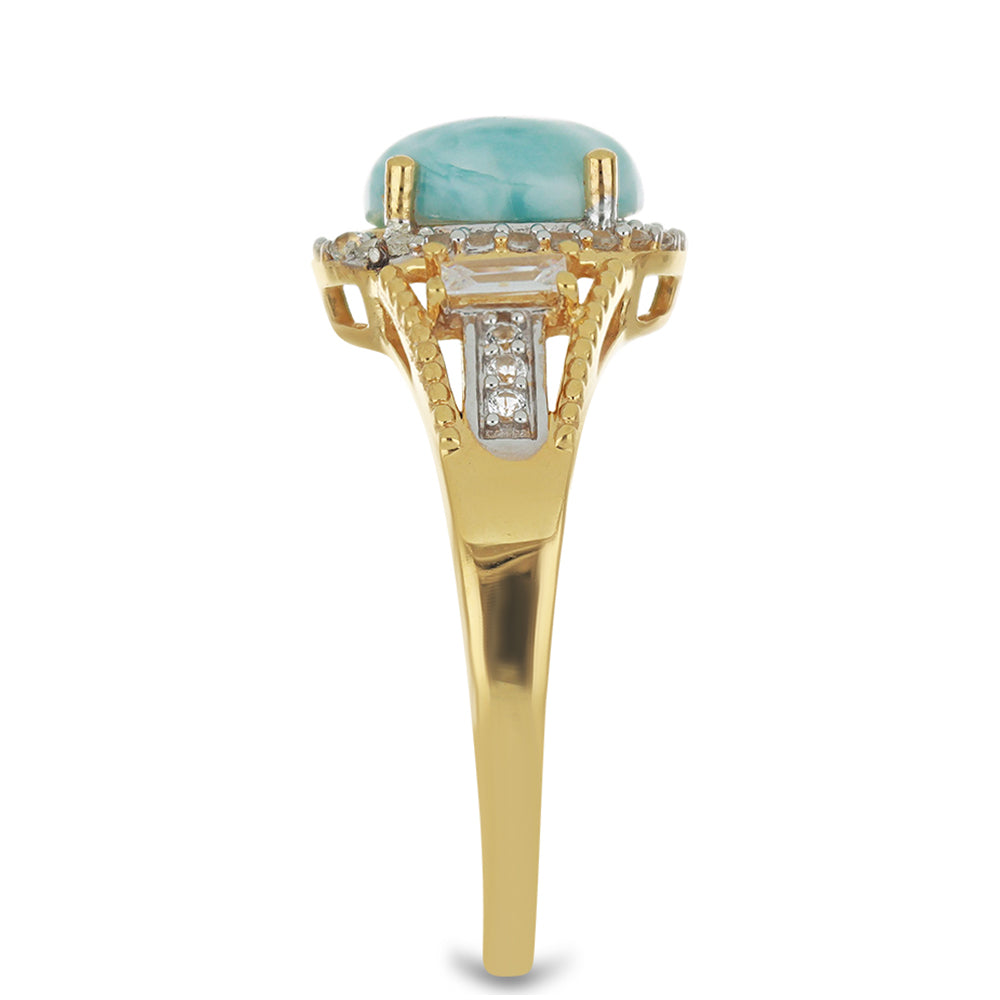 Goldplattierter Silberring mit Larimar und weißem Zirkon