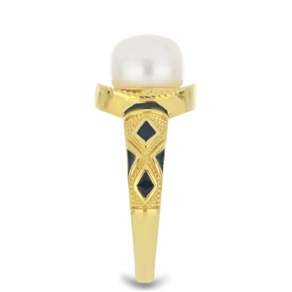 Goldplattierter Silberring mit Emaille und weißer Süßwasserperle