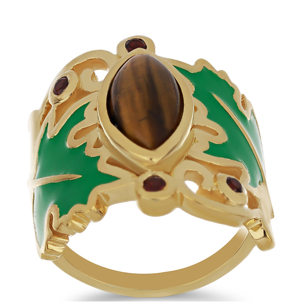 Goldplattierter Silberring mit Emaille und Tigerauge aus Mount Brockman 3 