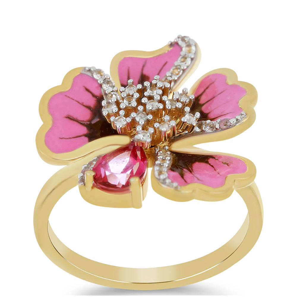 Goldplattierter Silberring mit Emaille und rosa Topas