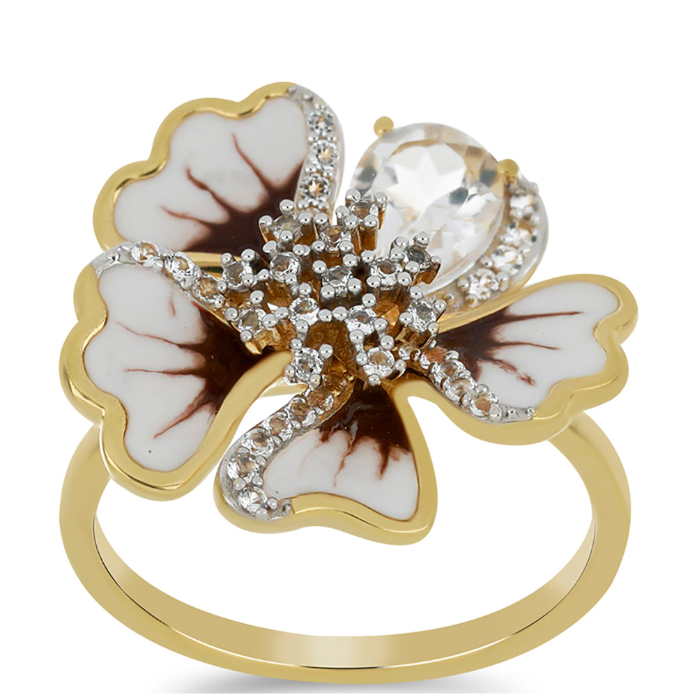 Goldplattierter Silberring mit Emaille und weißem Topas 3 