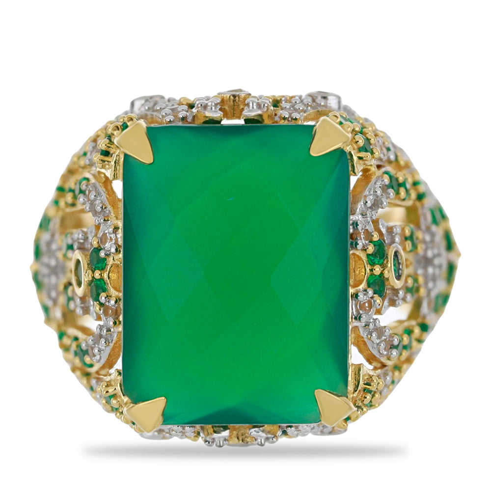 Goldplattierter Silberring mit grünem Achat und weißem Topas 1 