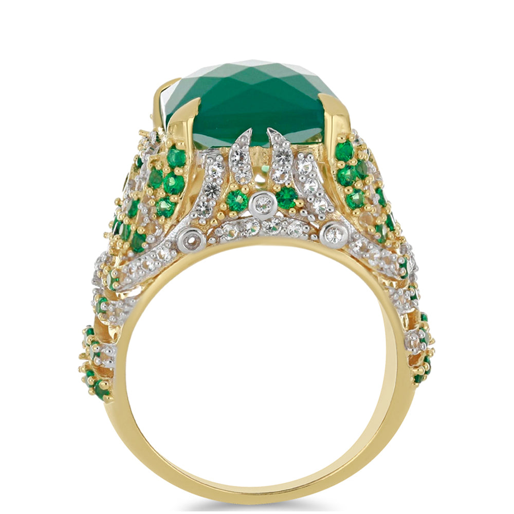 Goldplattierter Silberring mit grünem Achat und weißem Topas 2 