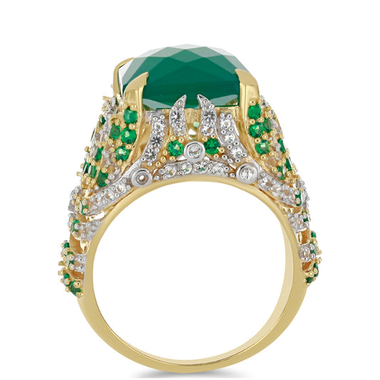 Goldplattierter Silberring mit grünem Achat und weißem Topas