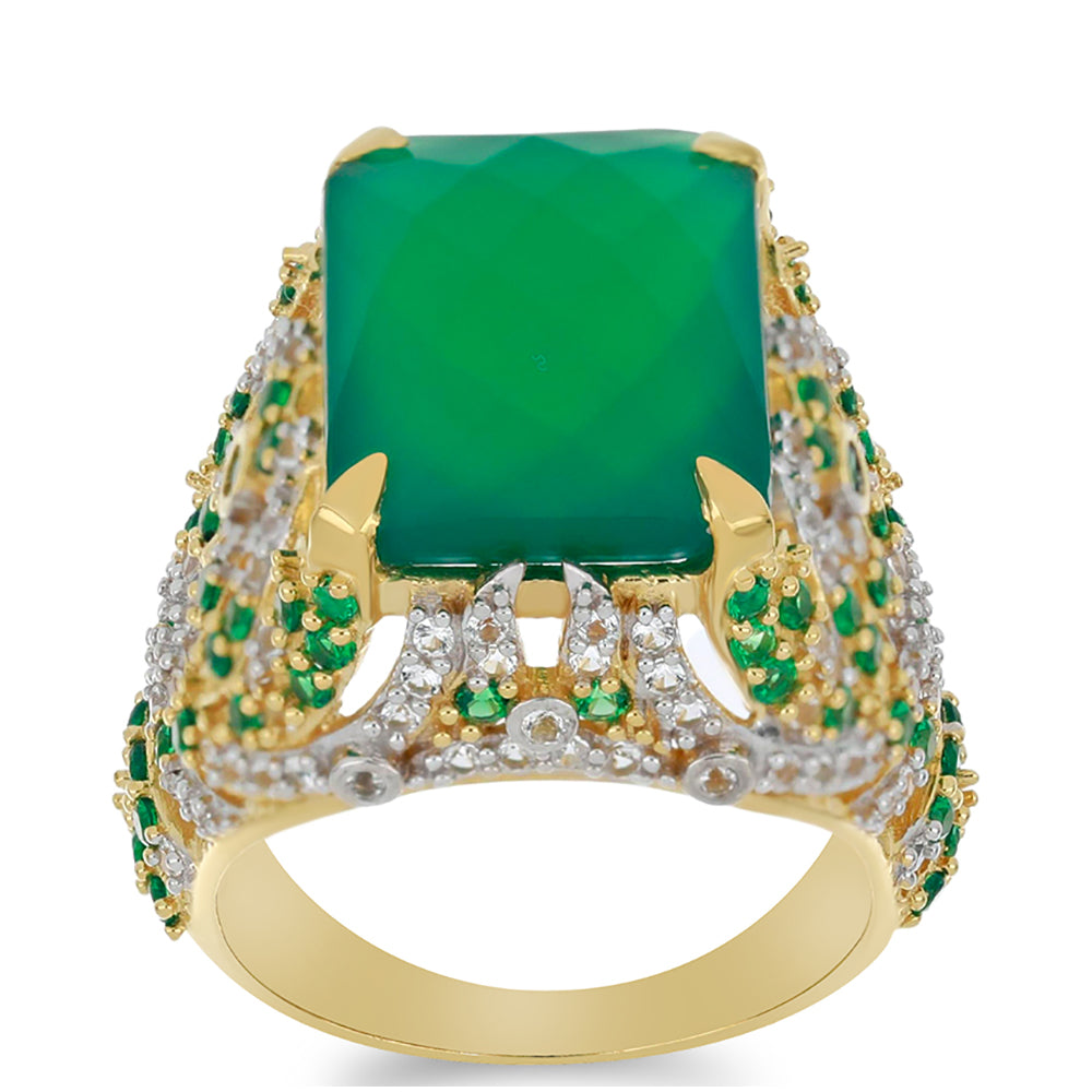 Goldplattierter Silberring mit grünem Achat und weißem Topas 3 