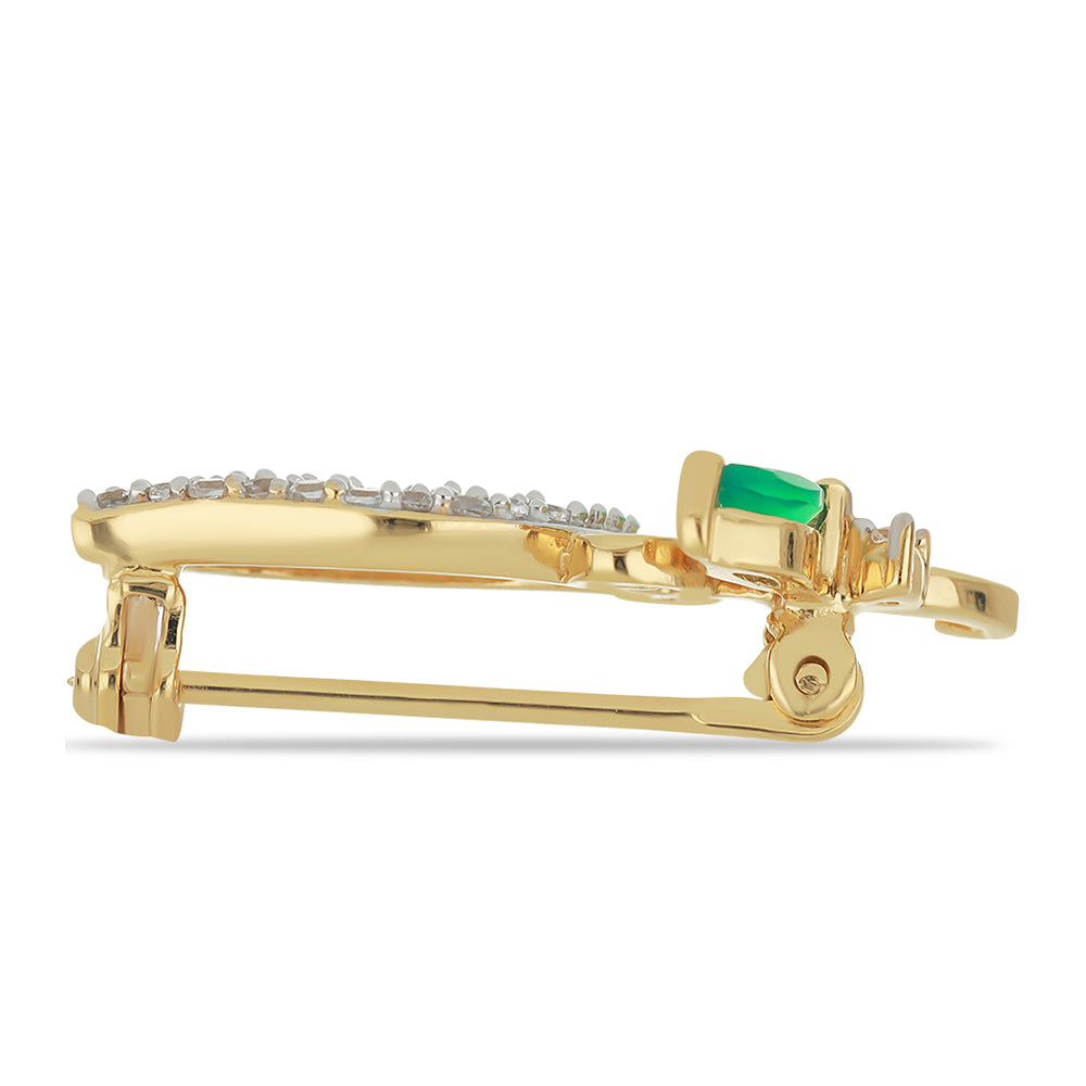 Goldplattierte Silberbrosche mit grünem Achat und weißem Topas