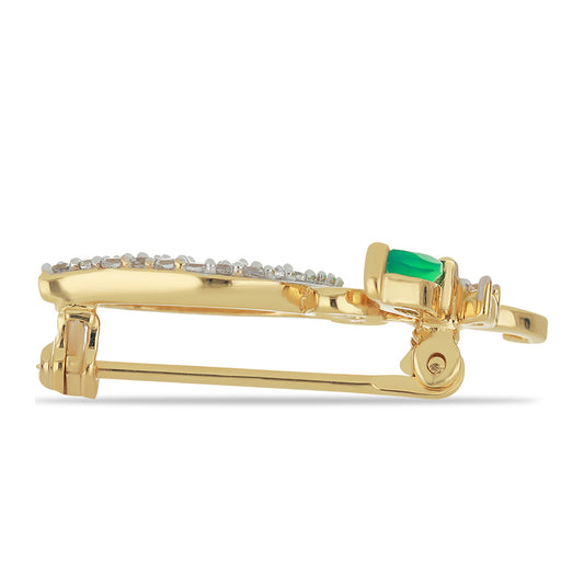 Goldplattierte Silberbrosche mit grünem Achat und weißem Topas