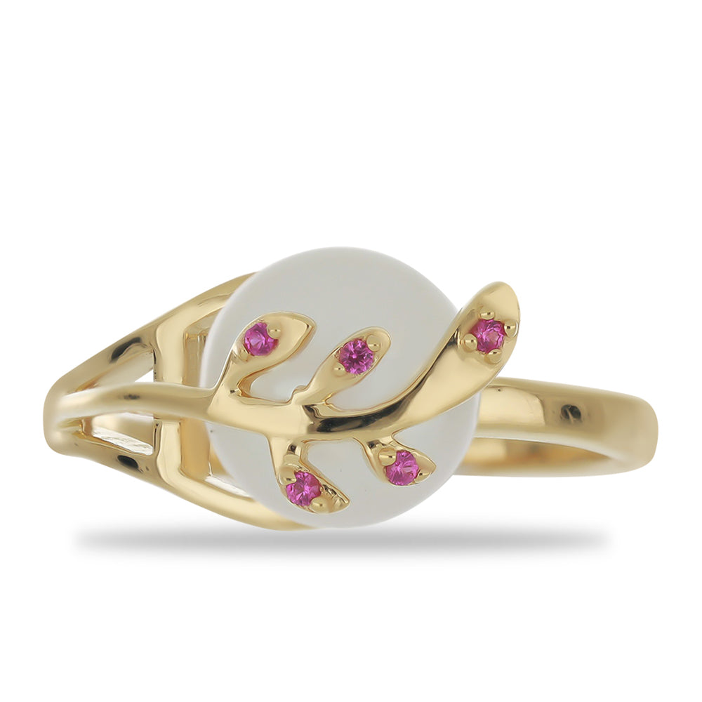 Goldplattierter Silberring mit weißer Süßwasserperle und Nano Rubin 1 