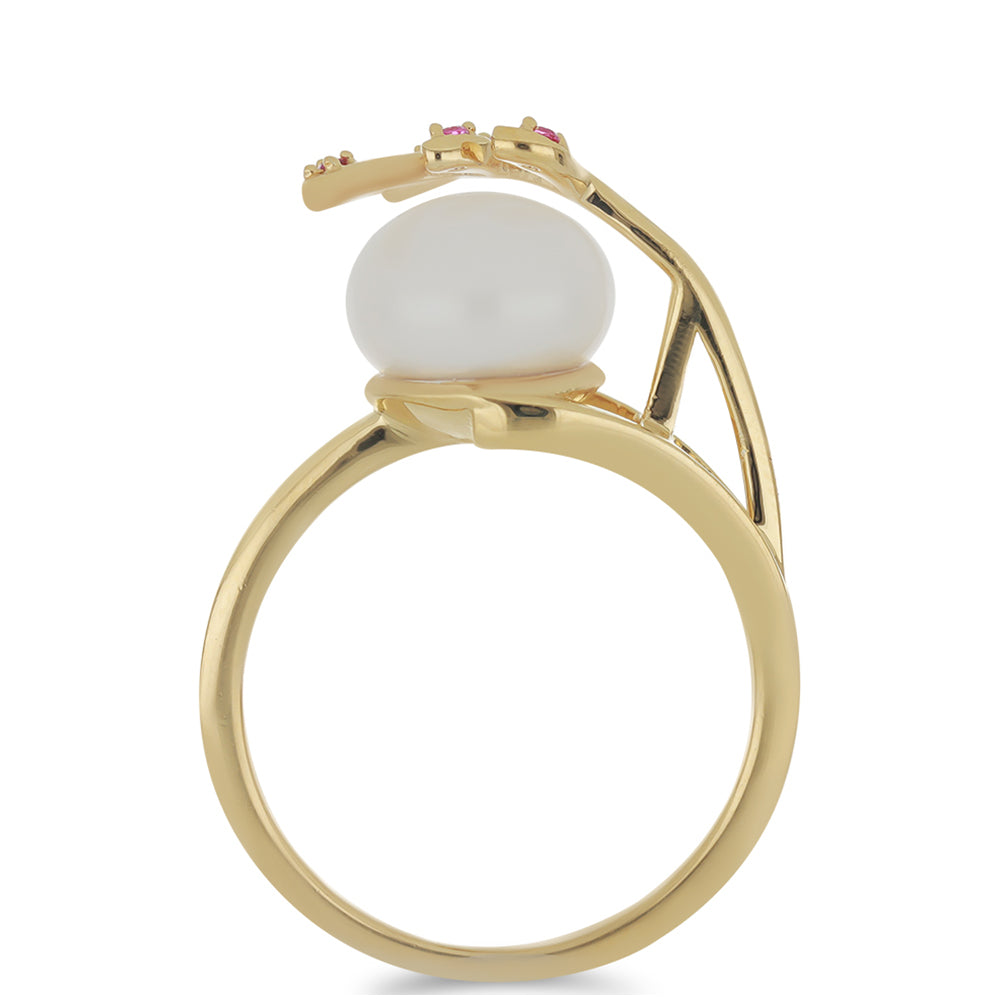Goldplattierter Silberring mit weißer Süßwasserperle und Nano Rubin 2 