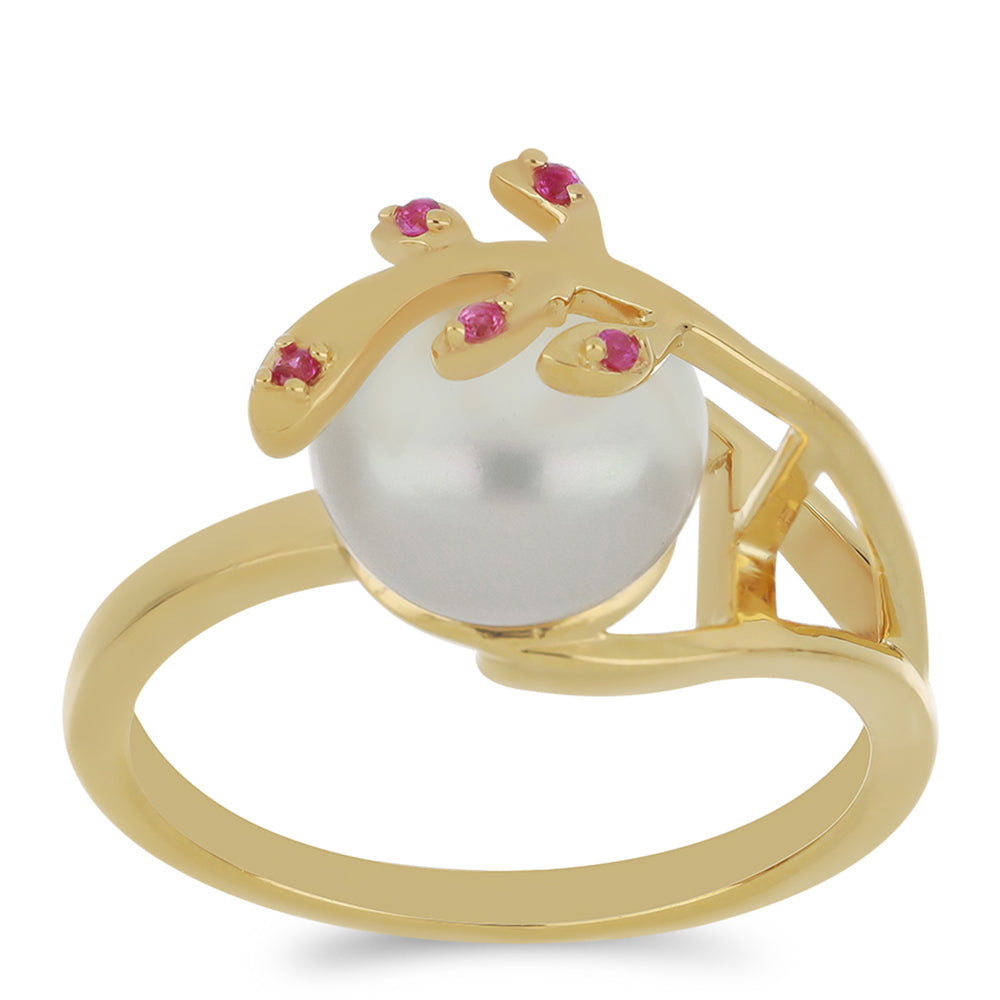 Goldplattierter Silberring mit weißer Süßwasserperle und Nano Rubin 3 