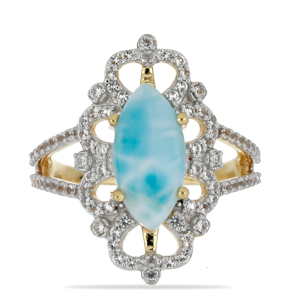 Goldplattierter Silberring mit Larimar und weißem Topas